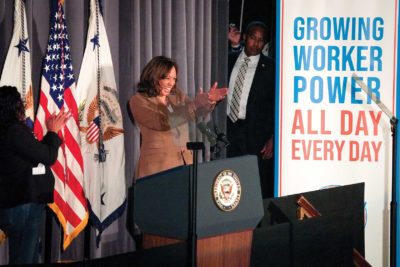 Kamala Harris rallies with labor activists in Boston
