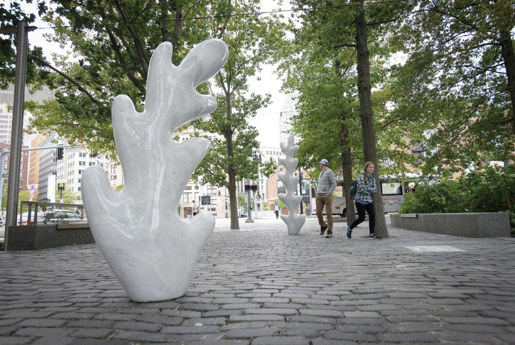 Sculpted leaves allude to climate change on Boston waterfront