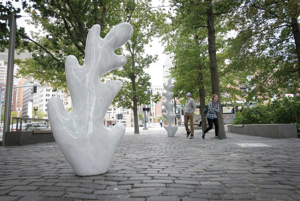 Sculpted leaves allude to climate change on Boston waterfront Sculpted leaves allude to climate change on Boston waterfront